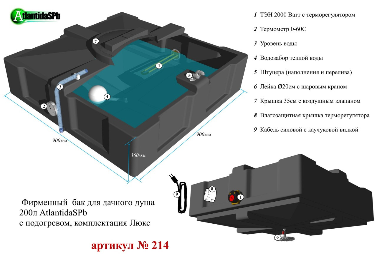 Бак для душа с подогревом Атлантида-СПб 200 л. ЛЮКС - фото 2 - id-p5326471