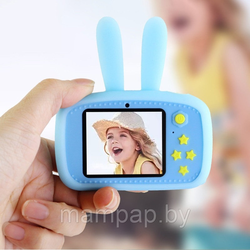Детский цифровой Фотоаппарат Зайчик Голубой с желтым чехлом - фото 9 - id-p116895539