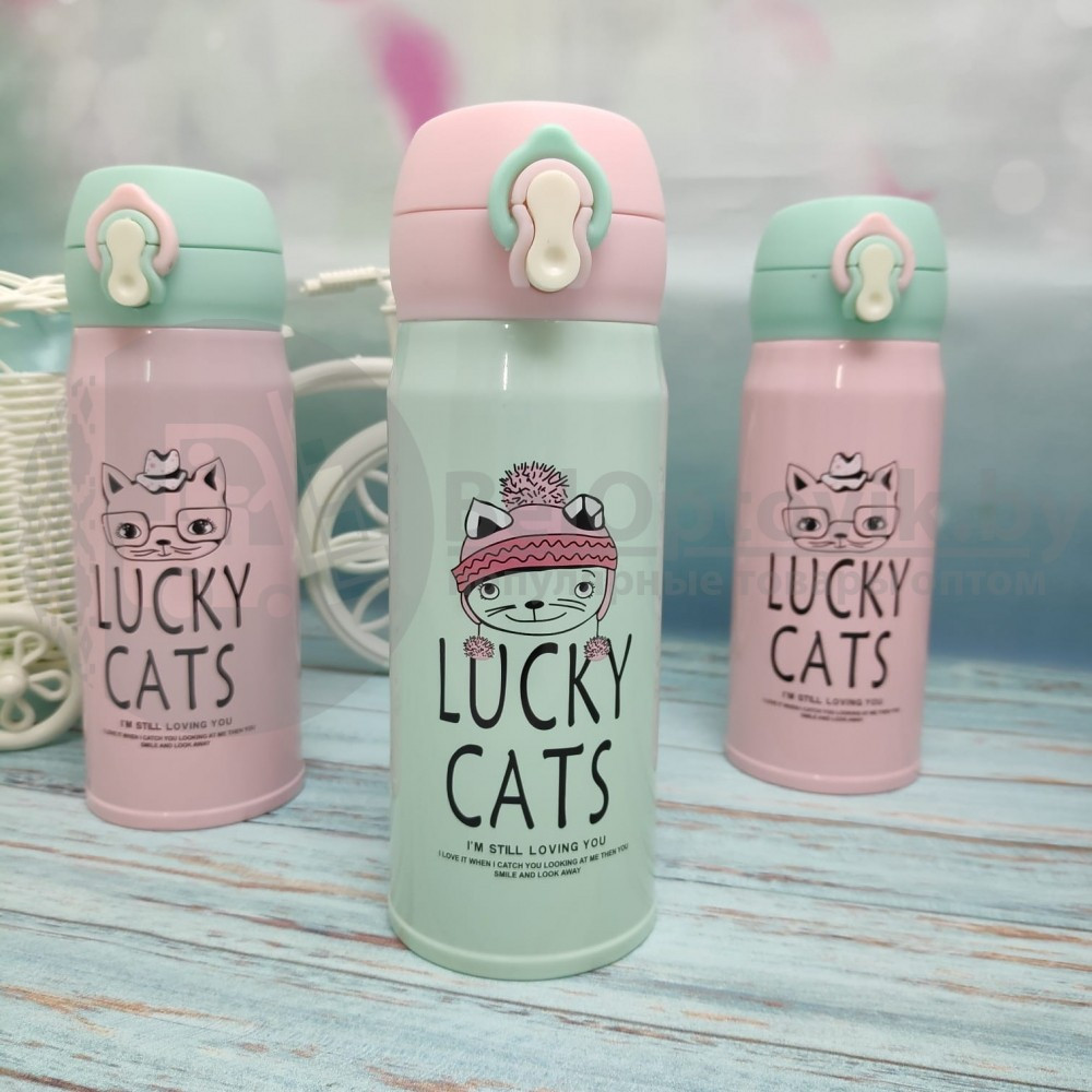 Термокружка LUCKY Cats, 350 мл Розовый с мятной крышечкой - фото 2 - id-p116897020