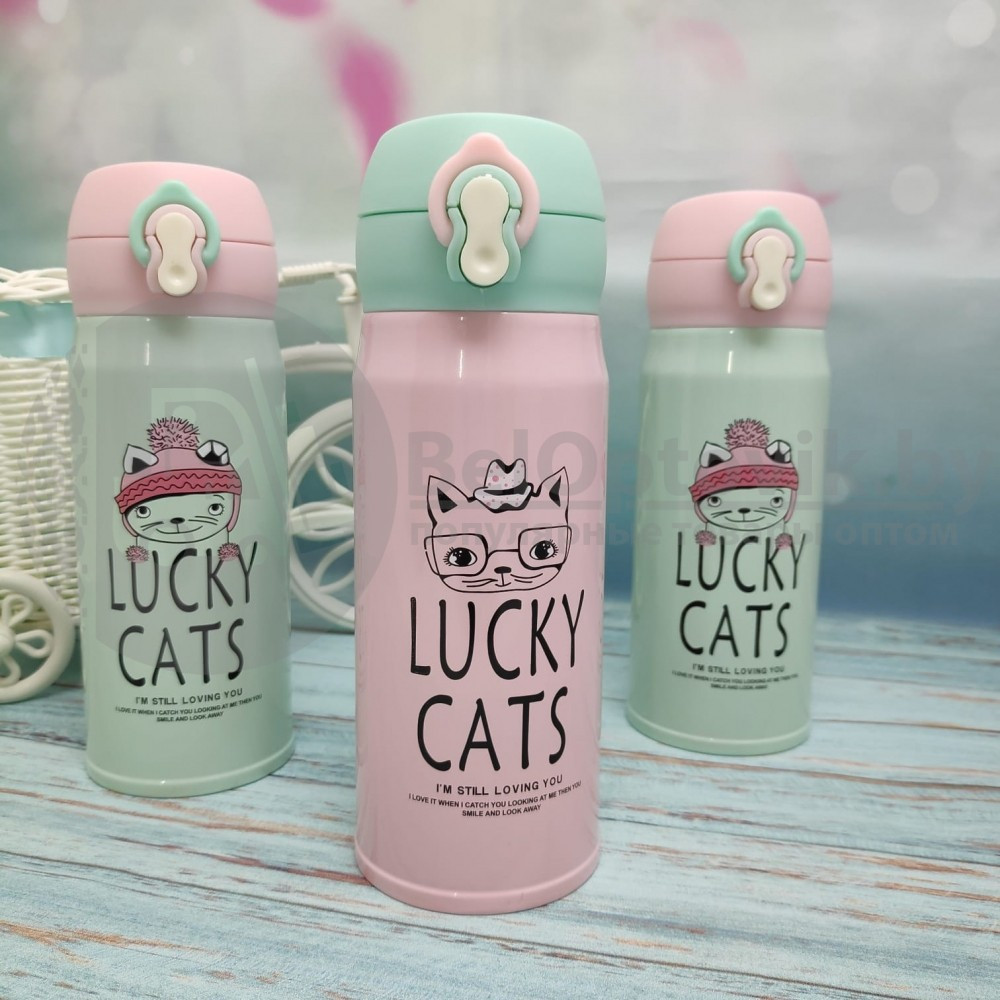 Термокружка LUCKY Cats, 350 мл Розовый с мятной крышечкой - фото 3 - id-p116897020