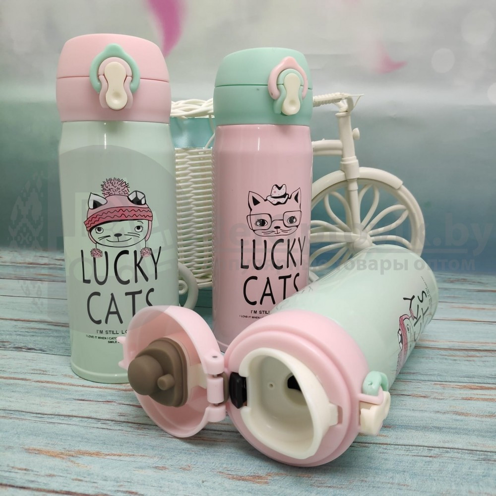 Термокружка LUCKY Cats, 350 мл Розовый с мятной крышечкой - фото 5 - id-p116897020