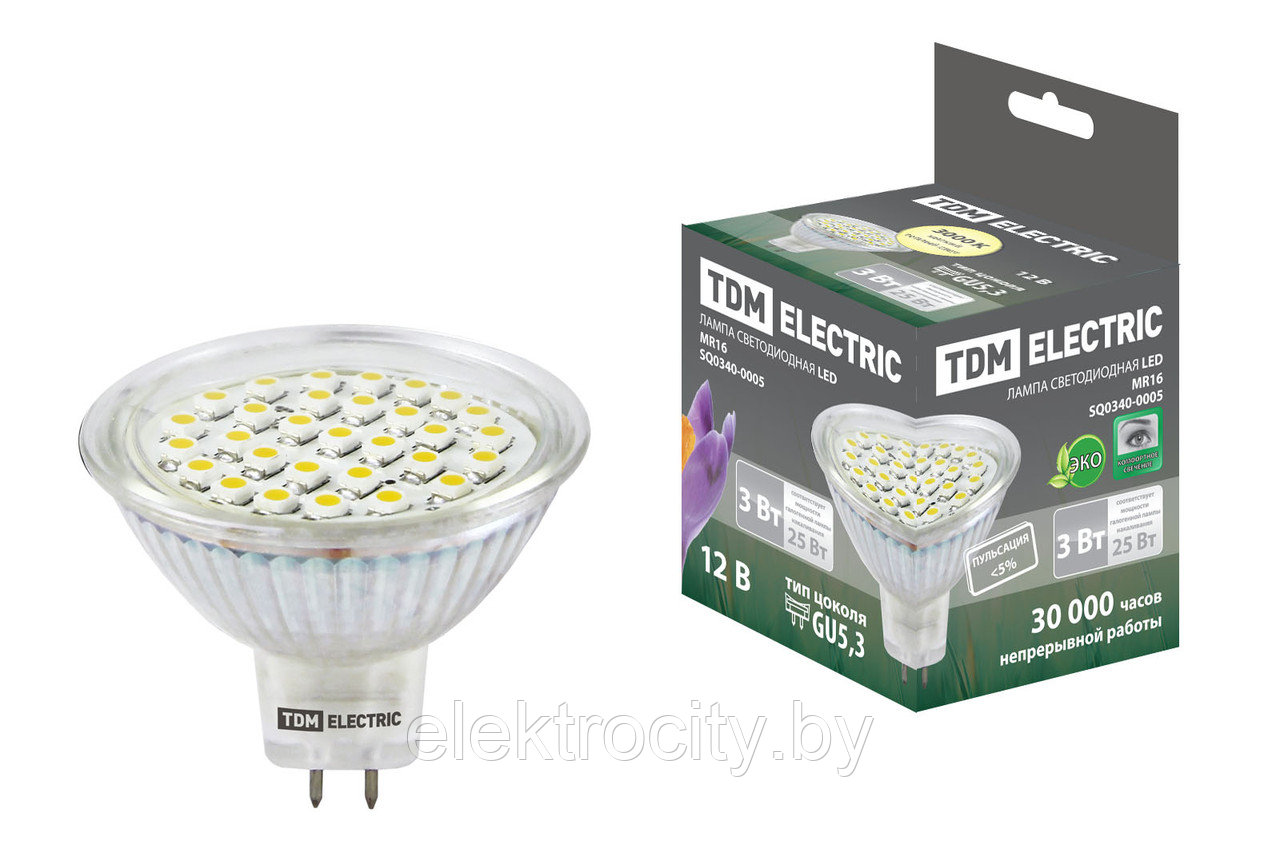 Лампа светодиодная MR16-3 Вт-12 В -3000 К–GU 5,3 SMD TDM