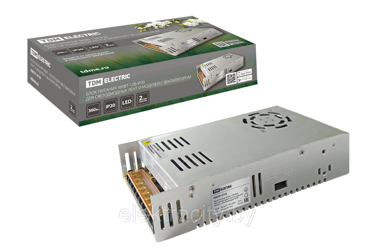 Блок питания 360Вт-12В-IP20 для светодиодных лент и модулей, металл, с вентилятором TDM