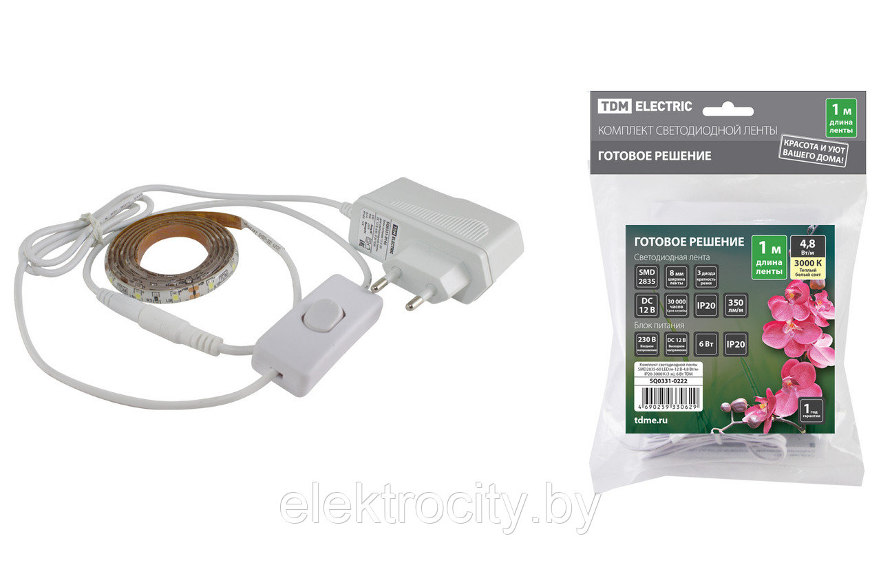 Комплект светодиодной ленты SMD2835-60 LED/м-12 В-4,8 Вт/м-IP20-3000 К (1 м), 6 Вт TDM - фото 1 - id-p117290009