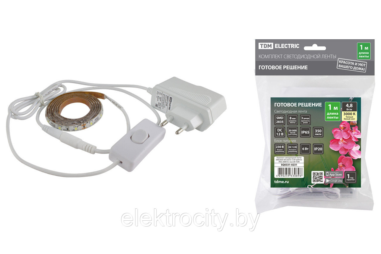 Комплект светодиодной ленты SMD2835-60 LED/м-12 В-4,8 Вт/м-IP65-3000 К (1 м), 6 Вт TDM - фото 1 - id-p117290457