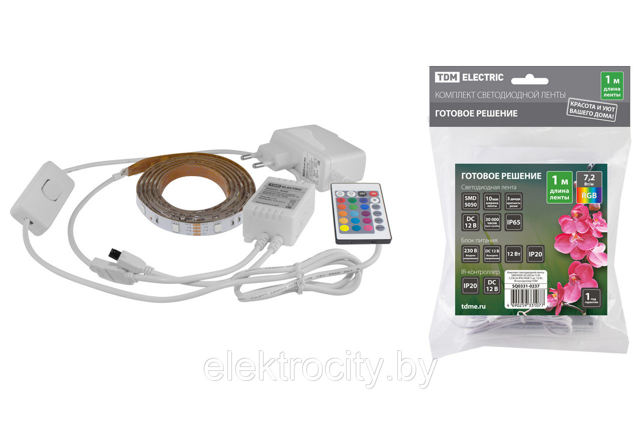 Комплект светодиодной ленты SMD5050-30 LED/м-12 В-7,2 Вт/м-IP65-RGB (1 м), 12 Вт, IR-контроллер TDM