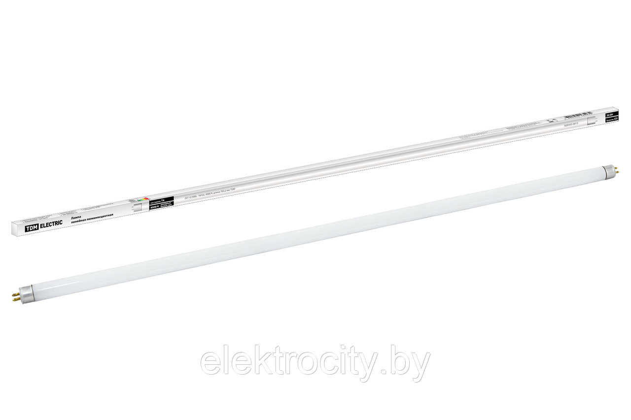 Лампа люминесцентная линейная двухцокольная ЛЛ-12/30Вт, T4/G5, 4000 К, длина 765,2мм TDM