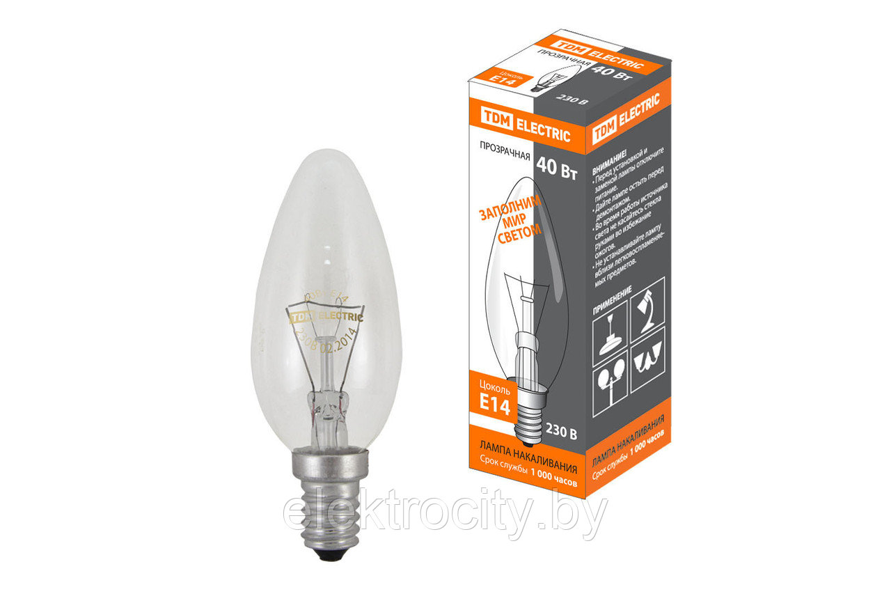 Лампа накаливания "Свеча прозрачная" 40 Вт-230 В-Е14 TDM - фото 1 - id-p117354957