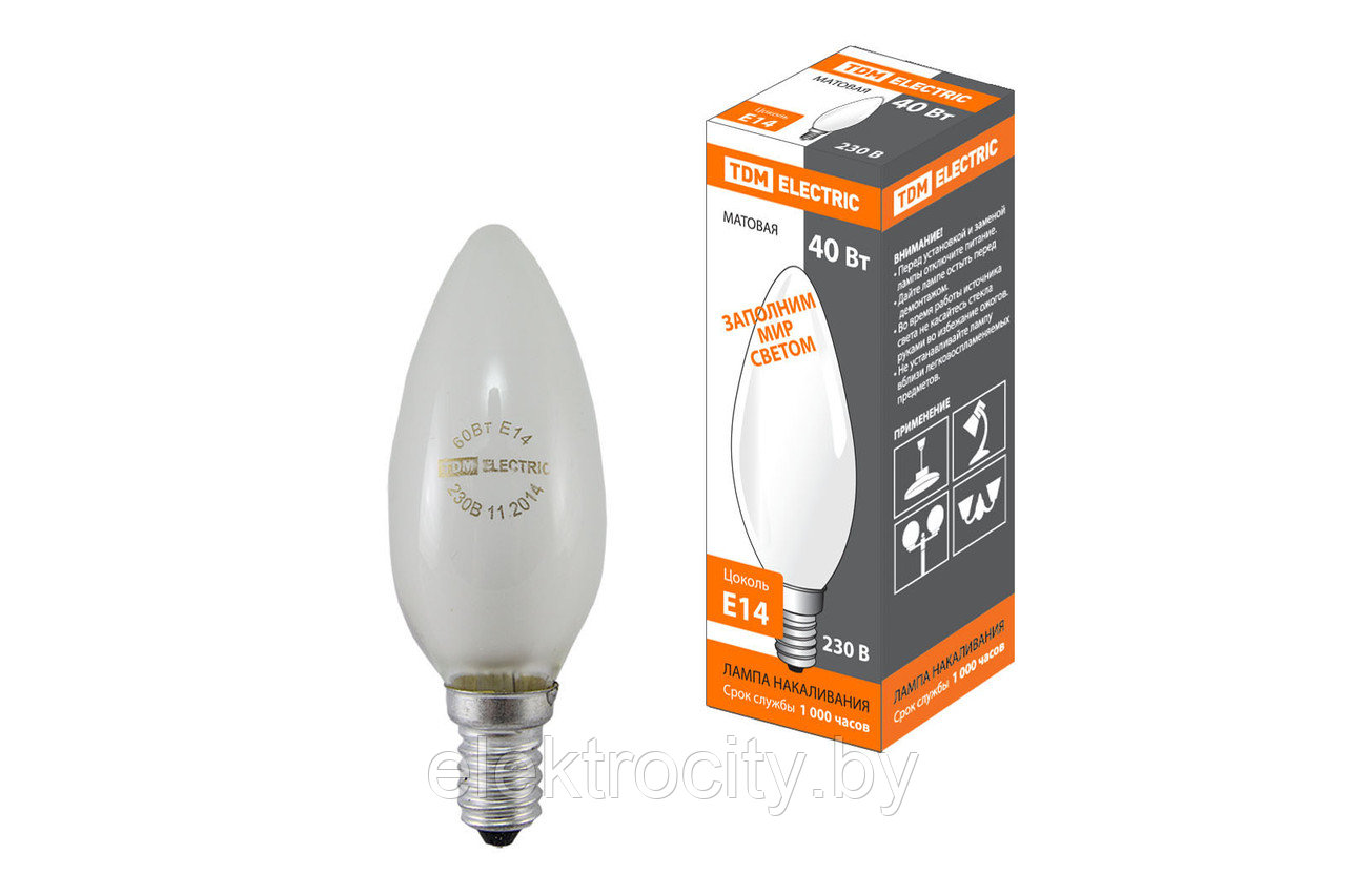 Лампа накаливания "Свеча матовая" 40 Вт-230 В-Е14 TDM