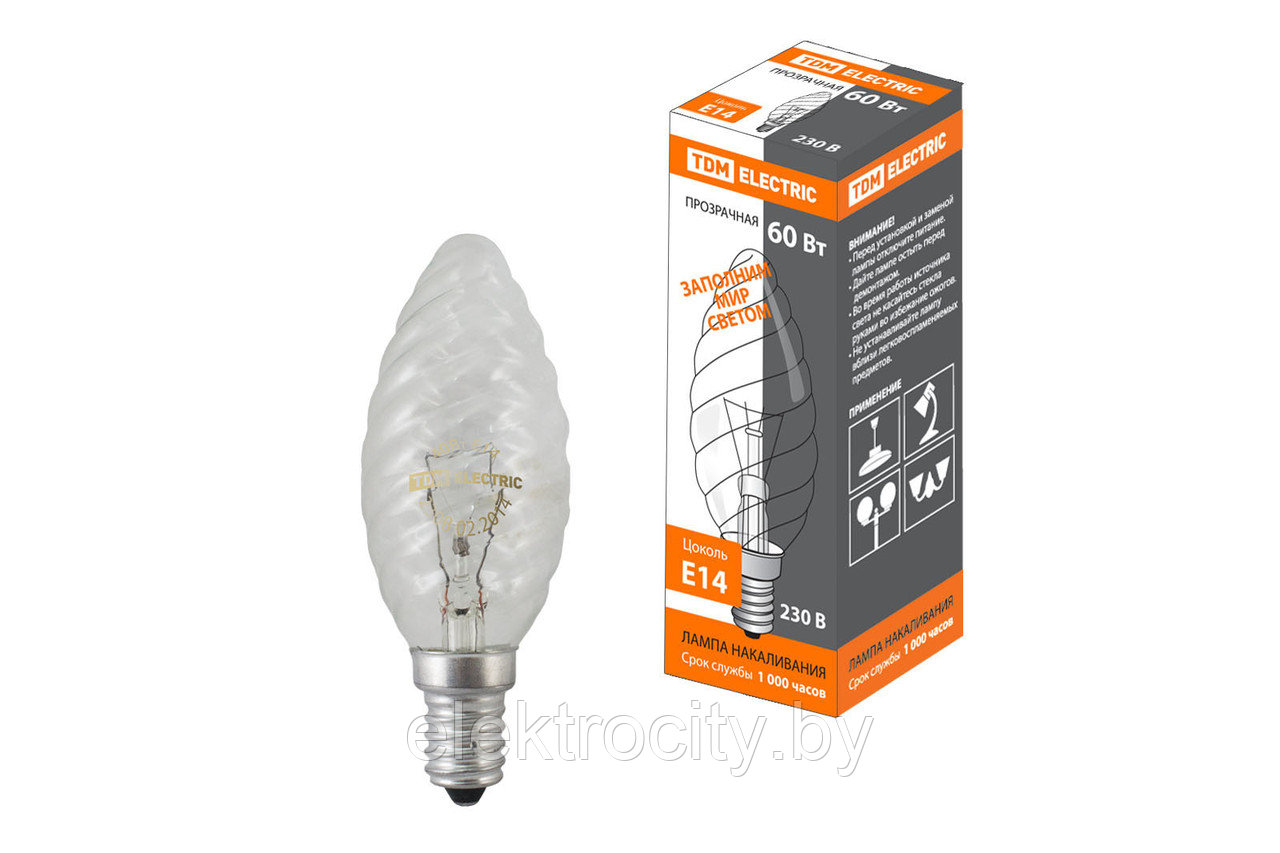 Лампа накаливания "Витая свеча" прозрачная 60 Вт-230 В-Е14 TDM - фото 1 - id-p117358252