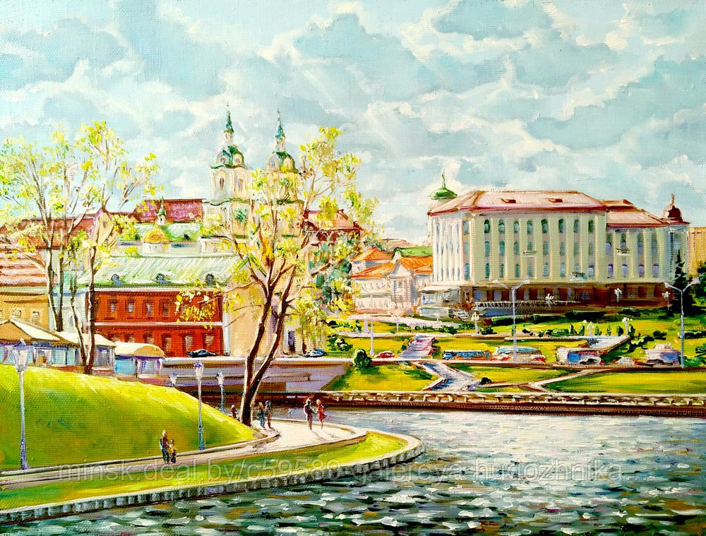 Минск, весна, Троицкая набережная. Картина маслом на холсте. Городской пейзаж