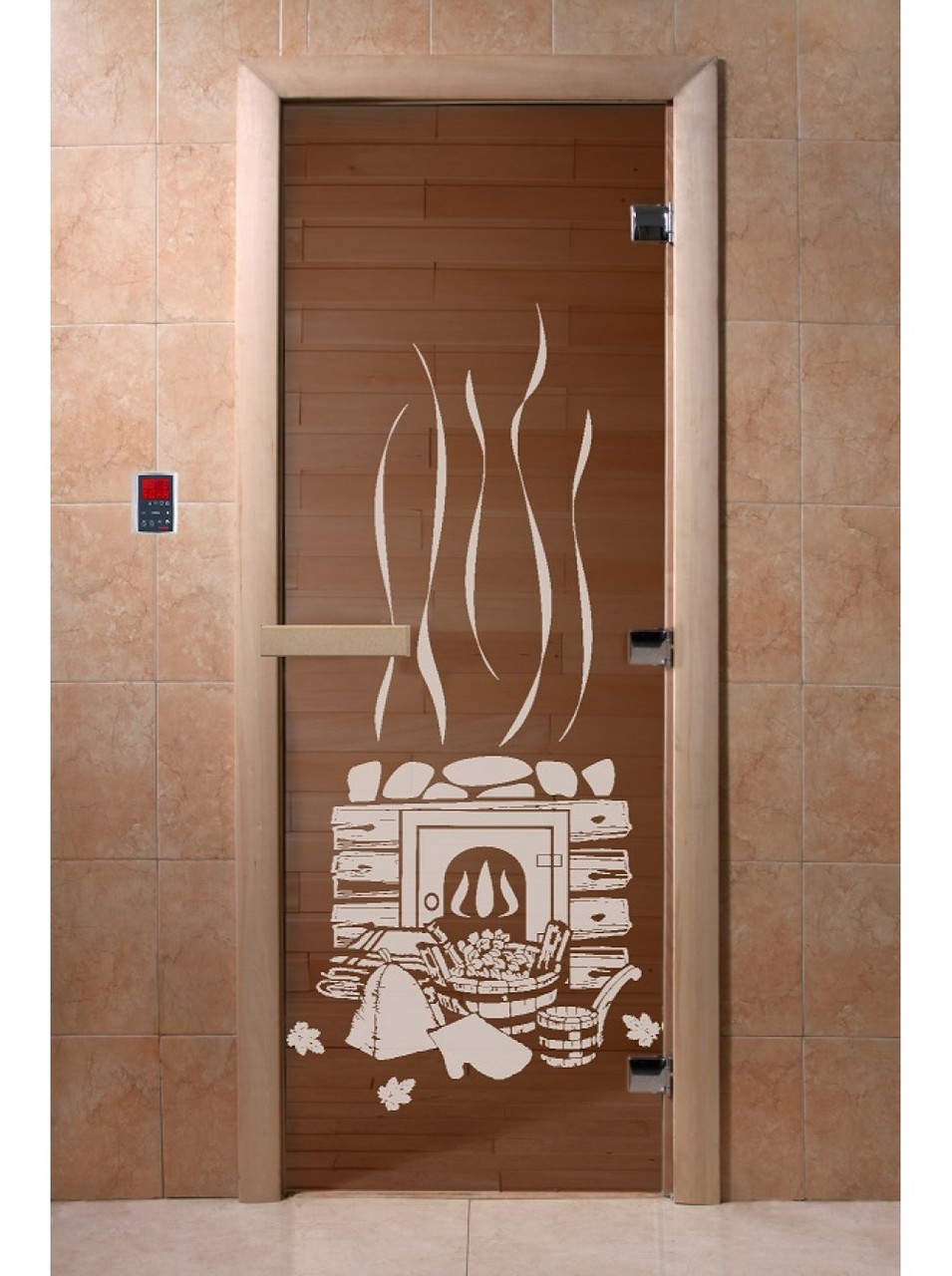 Дверь для бани стеклянная DoorWood Теплый день, бронза с рисунком, 700x1900 - фото 2 - id-p117555473