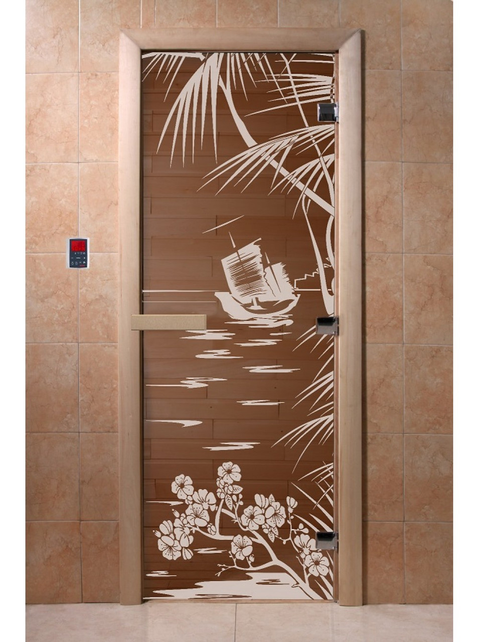 Дверь для бани стеклянная DoorWood, бронза с рисунком, 700x1700 - фото 10 - id-p117561922