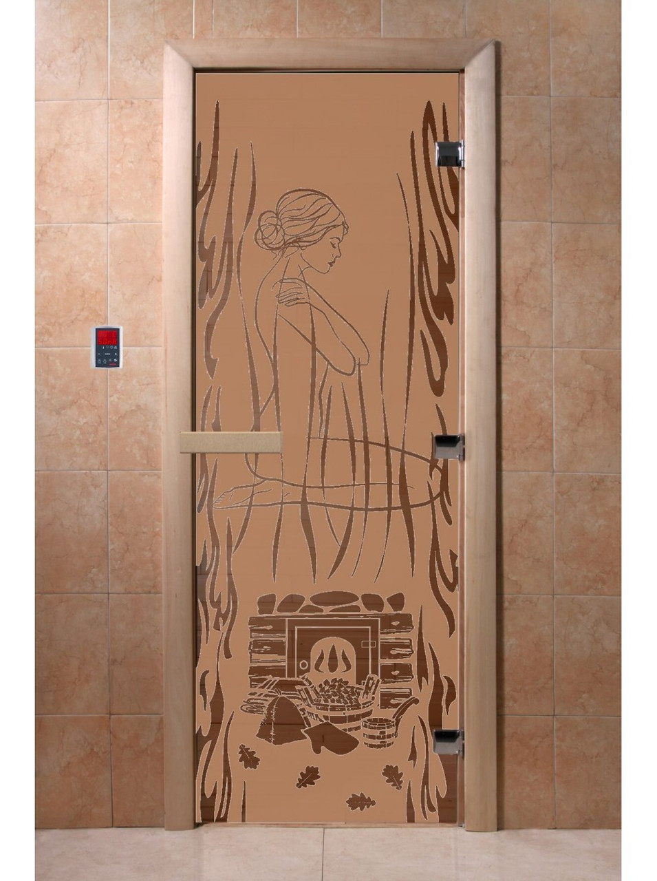 Дверь для бани стеклянная DoorWood, бронза матовая с рисунком, 700x1700 - фото 4 - id-p117563076