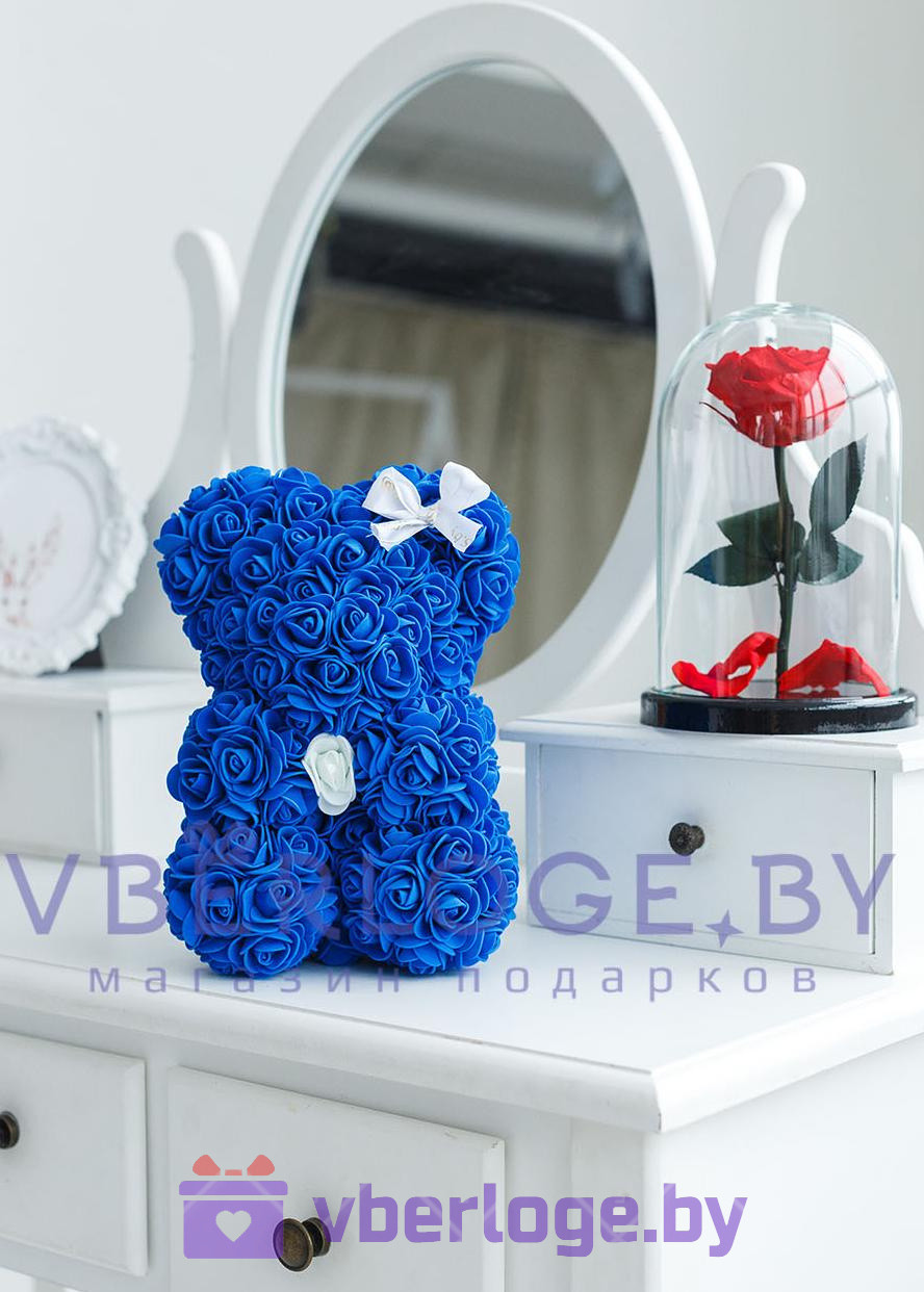 Синий мишка из 3D роз 25 см Premium