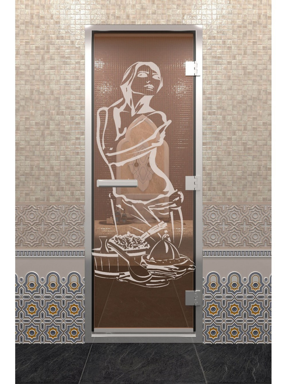 Дверь для хамама стеклянная DoorWood, бронза с рисунком, 800x1900 - фото 2 - id-p117585044