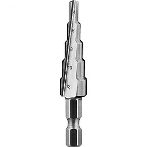 Сверло ступенчатое, d=4-12мм, 5ступ., L-65мм, шестигран.хвост.1/4" ЗУБР, ПРОФЕССИОНАЛ