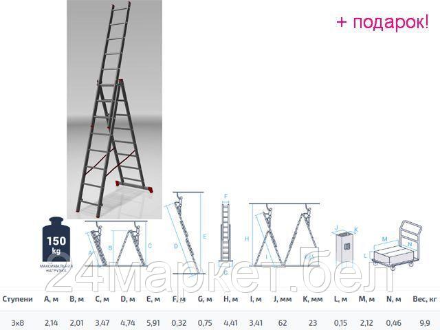 PRO STARTUL Россия Лестница алюм. 3-х секц. 201/474/214см 3х8 ступ., 9,9кг PRO STARTUL (ST9944-08)