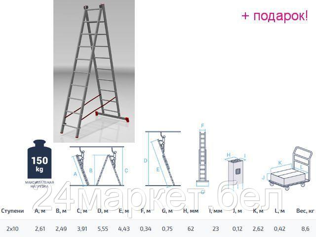 PRO STARTUL Россия Лестница алюм. 2-х секц. 249/443см 2х10 ступ., 8,6кг PRO STARTUL (ST9946-10)