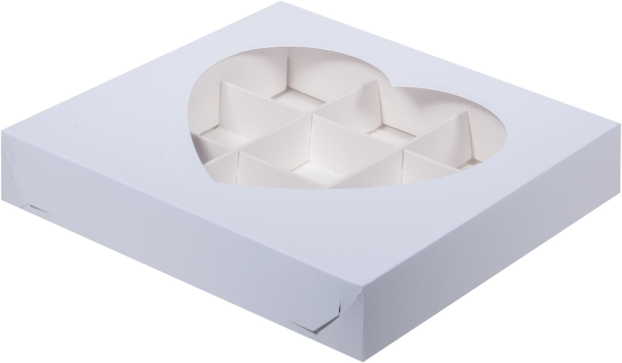 Коробка для 9 конфет с окном Сердце, белая, 155х155х h30 мм