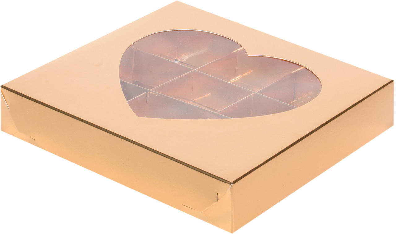 Коробка для 9 конфет с окном Сердце, золотая, 155х155х h30 мм - фото 1 - id-p117756038