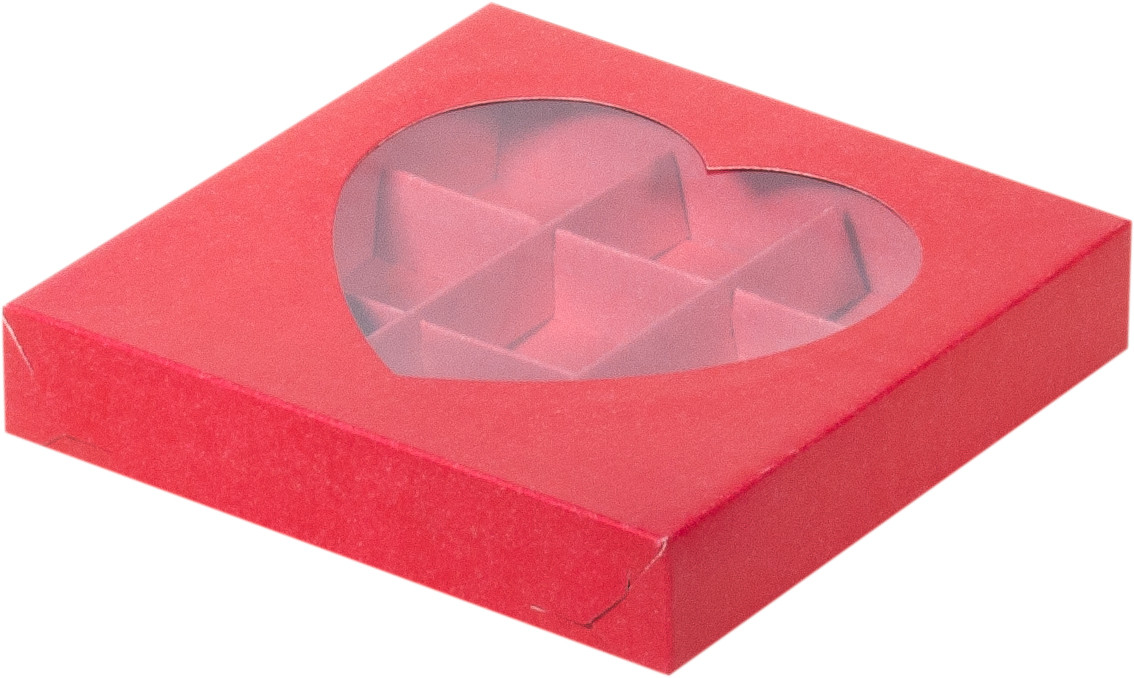 Коробка для 9 конфет с окном Сердце,красная, 155х155х h30 мм - фото 1 - id-p117756123