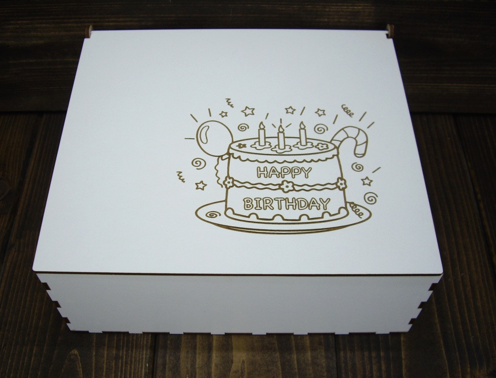 Шкатулка 220*200*90 мм, цвет: белый, с гравировкой "Happy birthday" с тортом - фото 3 - id-p118021754