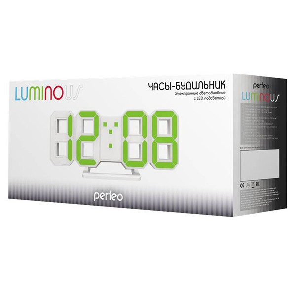 Perfeo LED часы-будильник "LUMINOUS", белый корпус / зелёная подсветка PF-663 - фото 2 - id-p118212013