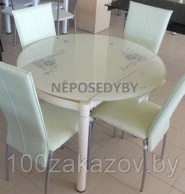 Стеклянный  раздвижной  стол 595*980. Обеденный   стол трансформер 6069-2 белый с цветами