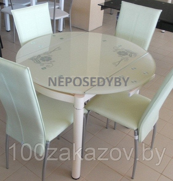 Стеклянный раздвижной стол 595*980. Обеденный стол трансформер 6069-2 белый с цветами - фото 1 - id-p5794906