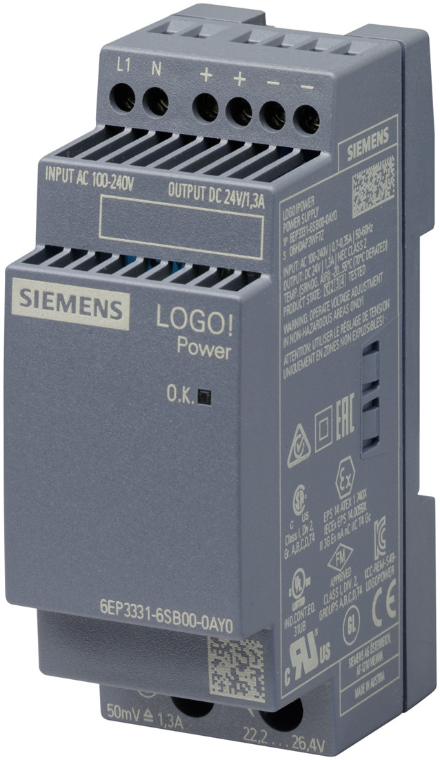 Siemens 6EP3331-6SB00-0AY0 Блок питания стабилизированный LOGO POWER 24V/1.3 A, 100-240 В, 24В/1.3A - фото 1 - id-p116773472