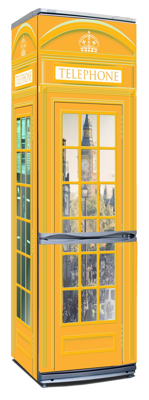 Наклейка на холодильник "Английская телефонная будка" желтого цвета - фото 1 - id-p7203996