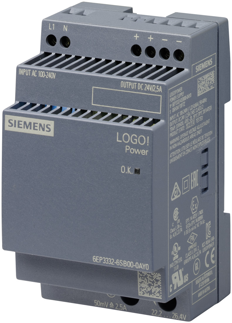 Siemens 6EP3332-6SB00-0AY0 Блок питания стабилизированный LOGO POWER 24V/2.5 A, 100-240 В, 24В/2.5A - фото 1 - id-p116773473