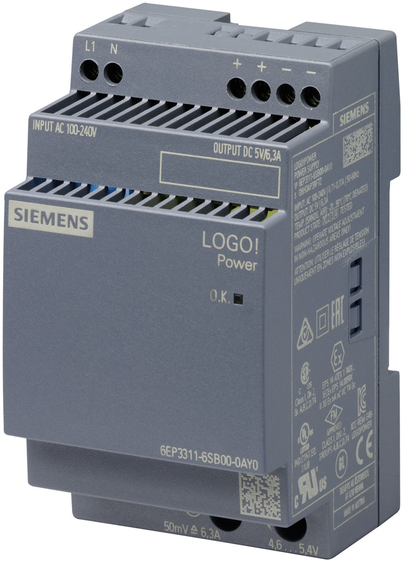Siemens 6EP3311-6SB00-0AY0 Блок питания стабилизированный LOGO POWER 5V/6.3А, 100-240В, 5В/6.3A - фото 1 - id-p116773481
