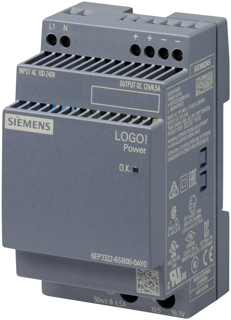 Siemens 6EP3322-6SB00-0AY0 Блок питания стабилизированный LOGO POWER, 100-240В, 12V/4.5A - фото 1 - id-p116773477
