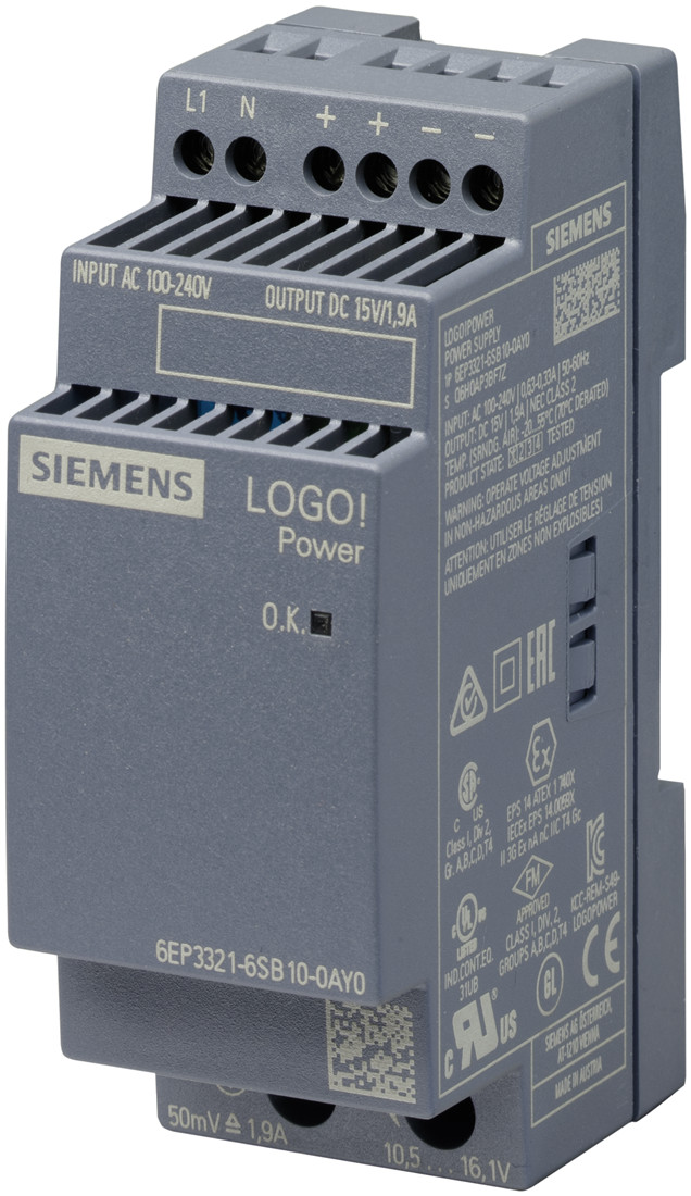Siemens 6EP3321-6SB10-0AY0 Блок питания стабилизированный LOGO POWER 15V/1.9A 100-240В, 15 В/1.9A - фото 1 - id-p116773478