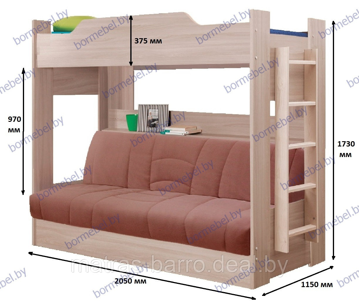 Двухъярусная кровать Прованс с диваном на блоке "боннель"