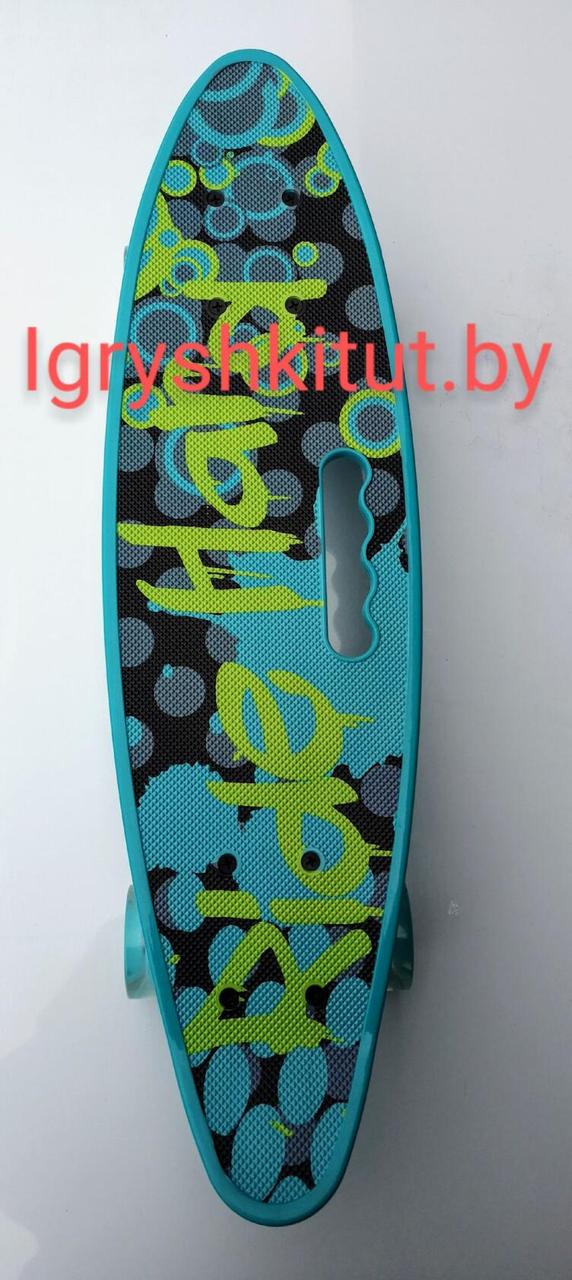 Скейтборд бирюзовый с принтом и ручкой, 4 колеса, фото 1