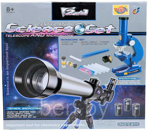 C2111 Детский телескоп со штативом + микроскоп, угол поворота 360 градусов, увеличение 20х, 30х, 40х - фото 2 - id-p118875836