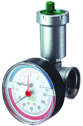 FAR 3438 М1 Соединение промежуточное с термометром, ручным воздухоотводчиком и сливным краном 1"