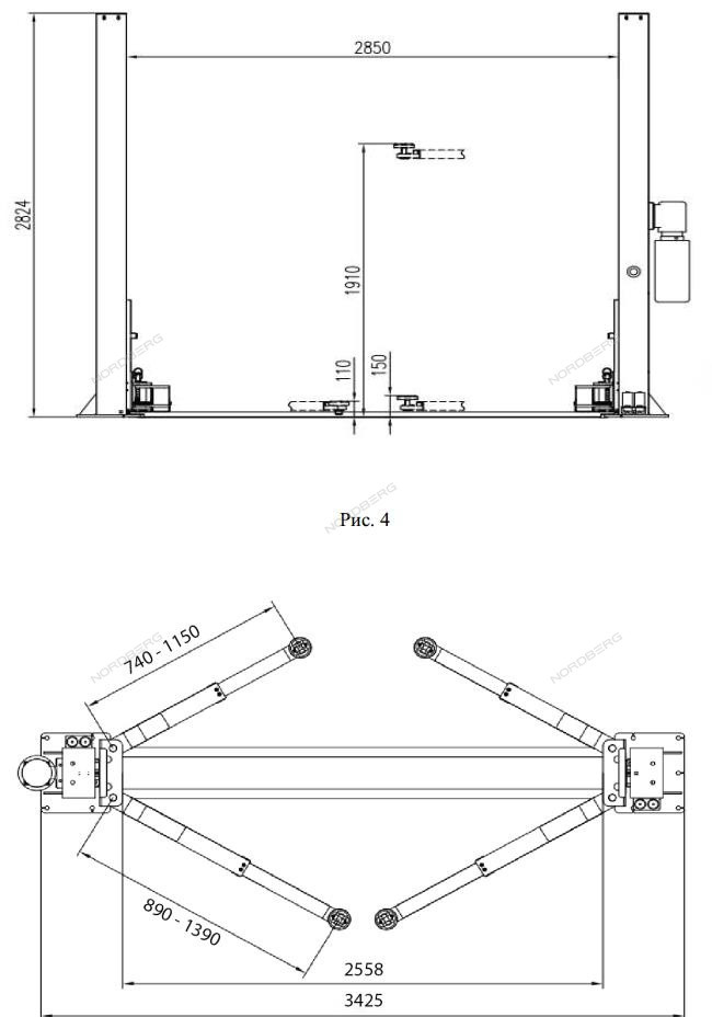 Двухстоечный подъемник, г/п 4 NORDBERG N4121B-4T 380В/220В - фото 2 - id-p118933906