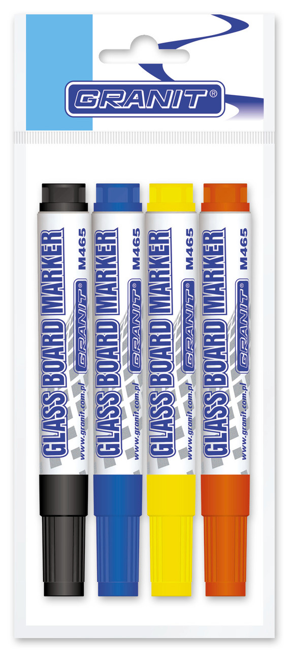 Набор маркеров для стеклянной доски M465, 4 цв., 2-3 мм (черный, синий, желтый, оранжевый), GRANIT(работаем с
