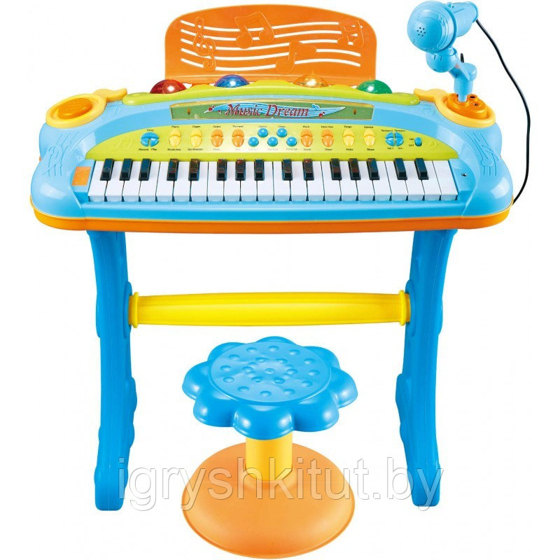 Детский синтезатор с микрофоном и стульчиком, USB шнур в нaборе, голубой, арт.6617A - фото 4 - id-p119119151
