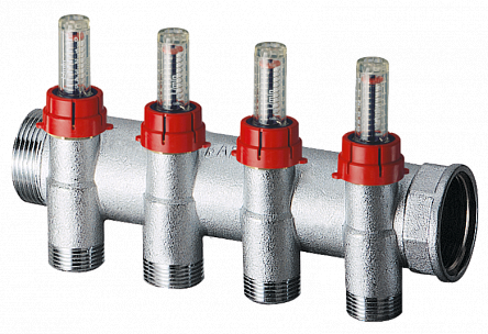 FAR 3980 13404 Коллектор с запорно-балансировочными клапанами и расходомерами 1"×3/4, отводы 4