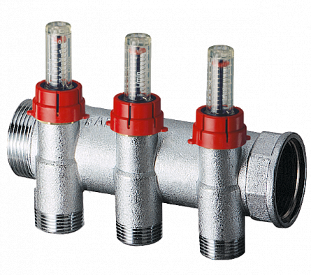 FAR 3980 13403 Коллектор с запорно-балансировочными клапанами и расходомерами 1"×3/4, отводы 3