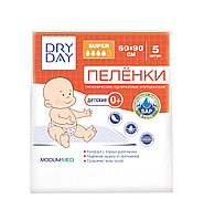 Пелёнки гигиенические одноразовые впитывающие DRY DAY, детские 0+, Super, 60х90, 5 шт.