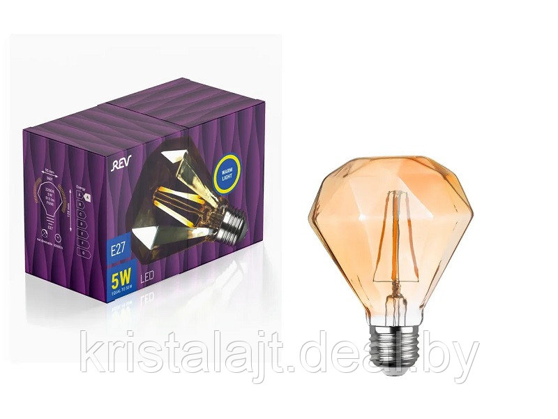 Лампа светодиодная VINTAGE GOLD Filament колба "Бриллиант" E27 5W, 2200K, DECO Premium GOLD, теплый свет - фото 1 - id-p119727138