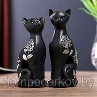 Сувенир полистоун "Две чёрных кошки" серебряный цветок (набор 2 шт) 13,5х12х4 см, фото 2