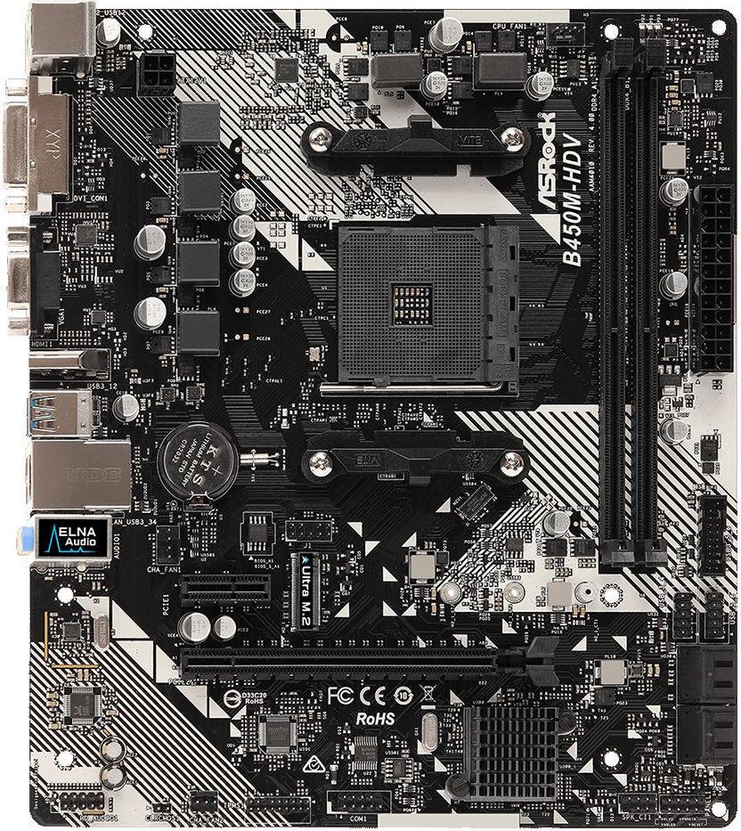 Мат.плата ASRock B450M-HDV R4.0, (AMD B450), mATX, DDR4, VGA/DVI/HDMI S-AM4 - фото 1 - id-p119763628