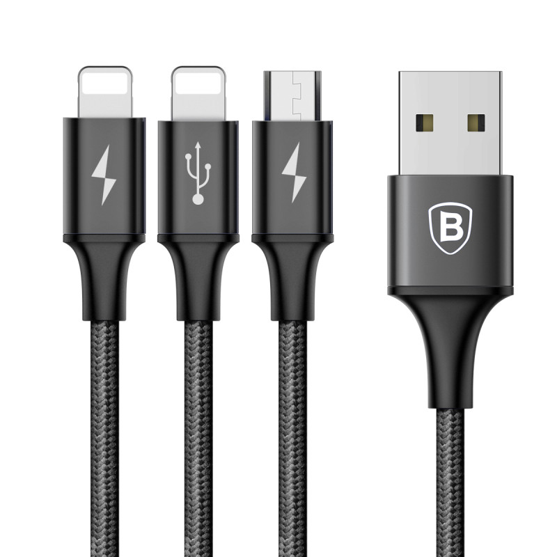 Кабель Baseus Rapid Series 3-in-1 Cable Micro+Dual Lightning 3A 1.2M Black - фото 3 - id-p119788594